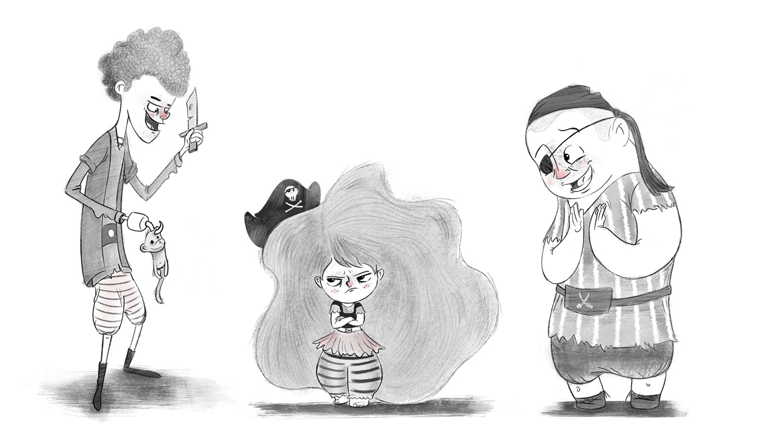 Pencil drawings of three pirates with contrasting silhouettes
