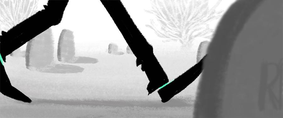 Monoton: close-up of a suited character walking through a grey scene