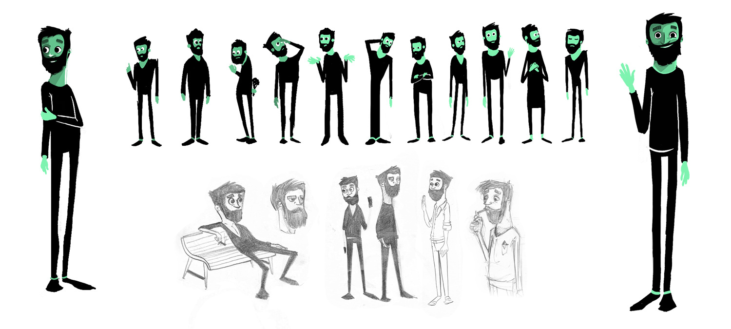 Monoton: full-body poses and sketches of the tall green-faced character
