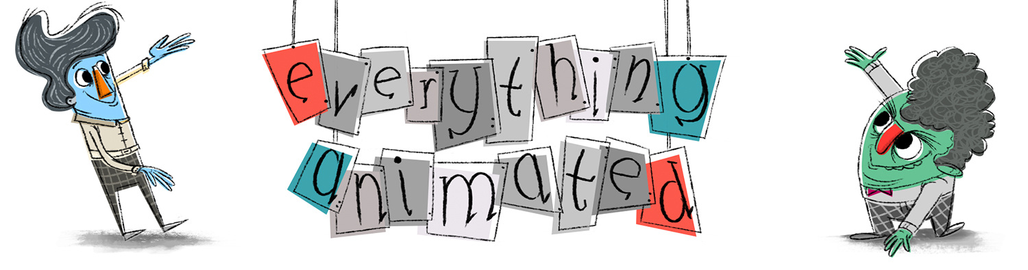 Everything Animated lettering flanked by two illustrated characters
