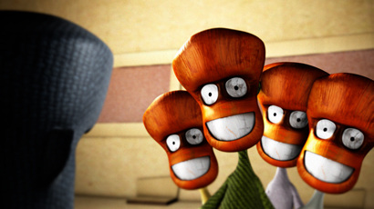 Masquerade: four orange-haired characters facing a dark masked figure