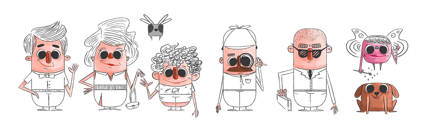 ING Bank family character sketches, including parents, children and a pet