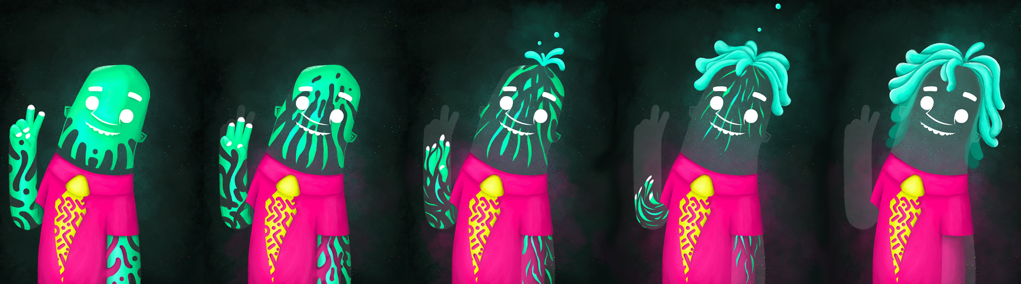 Pictoplasma: sequence of a glowing green bearded character in a pink shirt