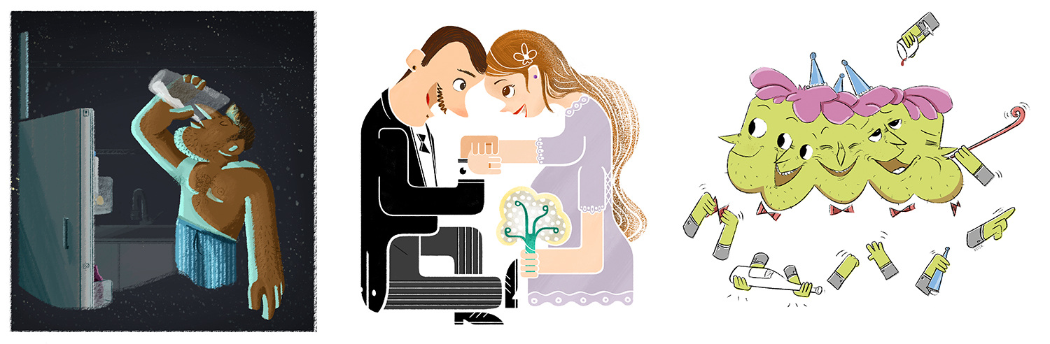 Assorted character illustrations: a seated figure, a filmmaker and green creatures