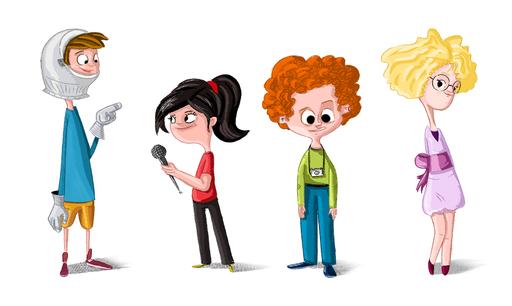 Hurriyet character lineup: four stylized children with distinct hairstyles and outfits